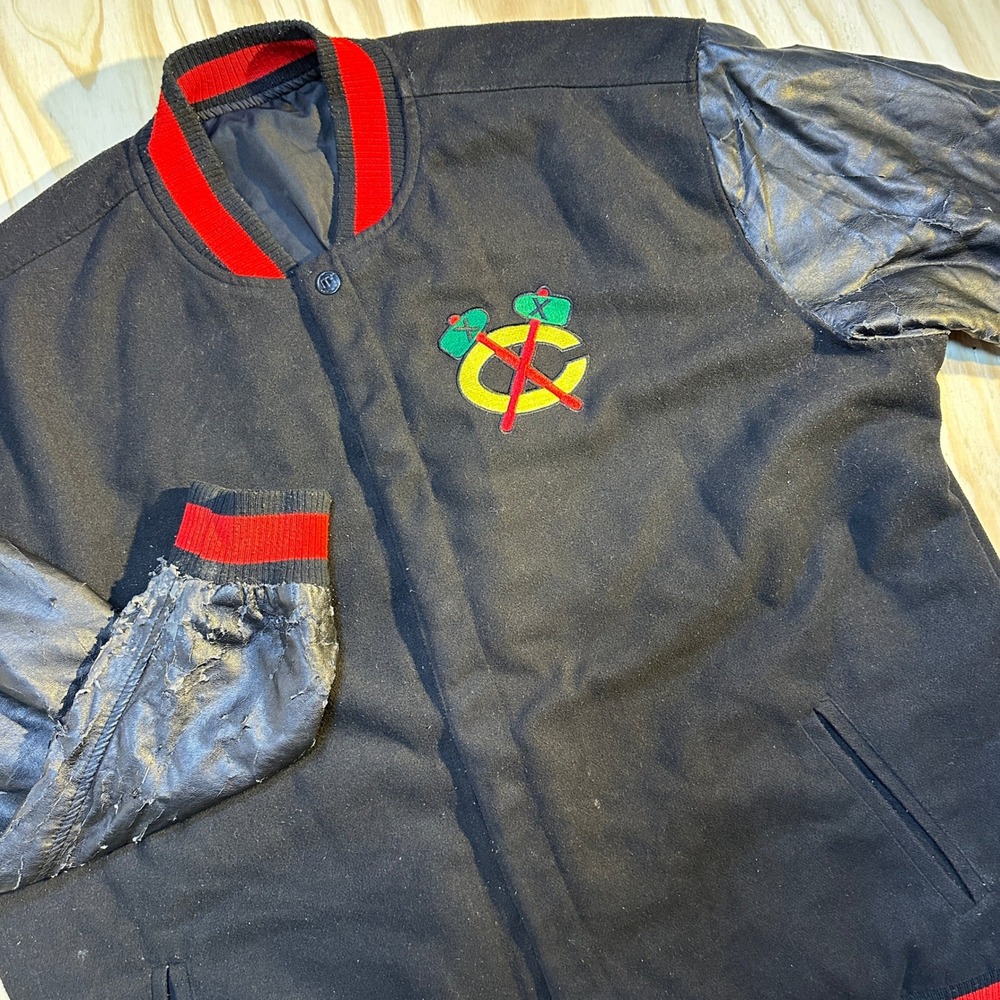 Starter Chicago Blackhawks Varsity Jacket Mens XL Black Wool Leather Distressed